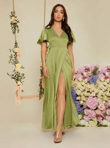 SHEIN Belle Abito da damigella d'onore in raso con maniche a volant e orlo avvolgente, elegante abito da cerimonia formale per matrimoni, eventi, cene o lauree