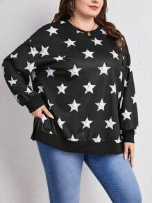 SHEIN LUNE Plus Star Print Split Hem Sweatshirt - Black - View 1