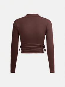 青少年爱心刺绣高领褶皱休闲长袖T恤 - 棕色 - 查看 2