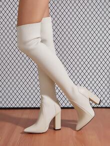米色彈性拼接面時尚粗跟高跟過膝靴女可伸縮靴筒高腿圍 - 米色 - 查看 5