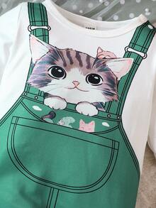 Baby Girl Cat Print 2 In 1 Jumpsuit - Green - View 3