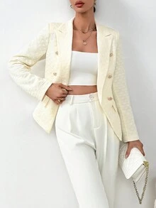 SHEIN Privé Double Breasted Flap Detail Blazer - Apricot - View 4