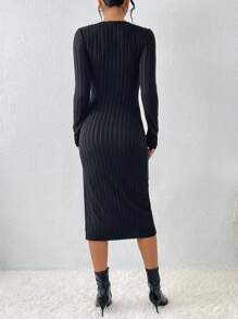 SHEIN Frenchy Lace Trim Split Thigh Dress - Black - View 2