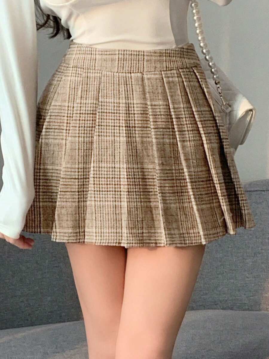 Dazy Star 格紋印花百褶裙 - 棕色 - 查看 1