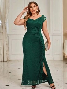 MIUSOL Elegant Plus Size Dark Green Lace Maxi Dress, Sweetheart Neckline, Cap Sleeves, Draped Side Split Thigh Mermaid Hem For Formal Wedding Guest, Prom, Evening Party, Graduation, Dinner - Màu xanh lá cây đậm - Xem 1
