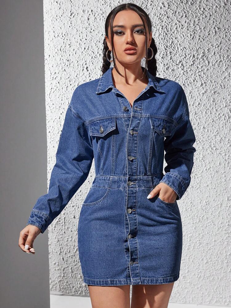 Flip Detail Front Buttoned Denim Dress