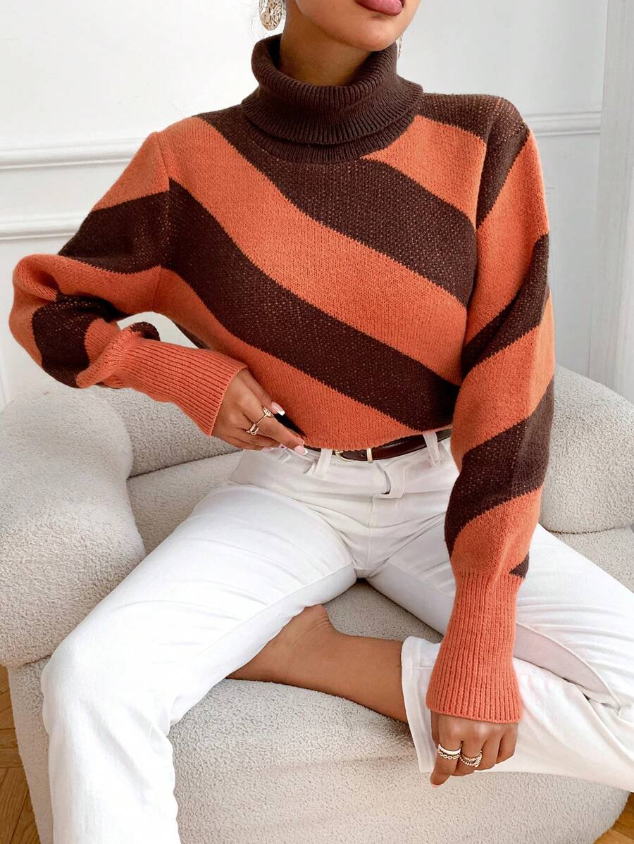 SHEIN LUNE Pull-over tricoté col roulé color block pour l'automne et l'hiver - Marron - Voir 1