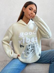 SHEIN Unity 標語&星球印花落肩袖連帽衫 - 米色 - 查看 4