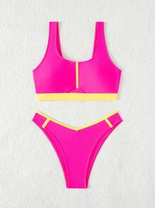 SHEIN Swim SPRTY 女士拼色比基尼套裝 - 粉色 - 查看 7