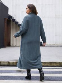 SHEIN Essnce Hơn Áo cao cổ Thả vai Váy Wrap Hem - Màu xanh bụi bặm - Xem 2