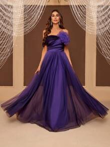 SHEIN Belle Off-shoulder, Gradient Color Tulle Maxi Evening Dress With 3d Flower Detail (heavy Work) - Purple - View 7