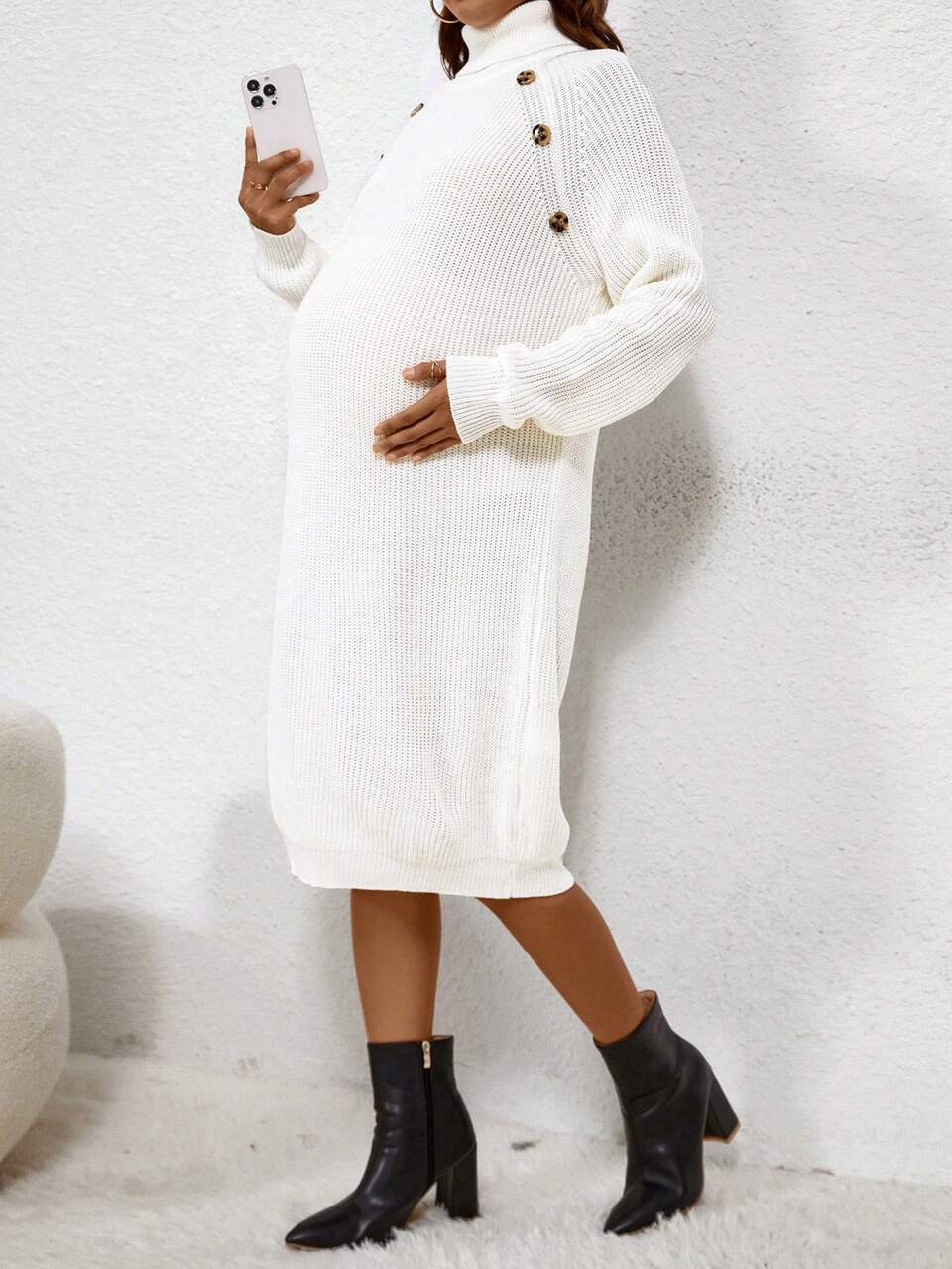 Maternity Solid Color High Neck Button Detail Raglan Sleeve Sweater, For Winter