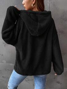 SHEIN EZwear Thả vai Flannel Hoodie - màu đen - Xem 2