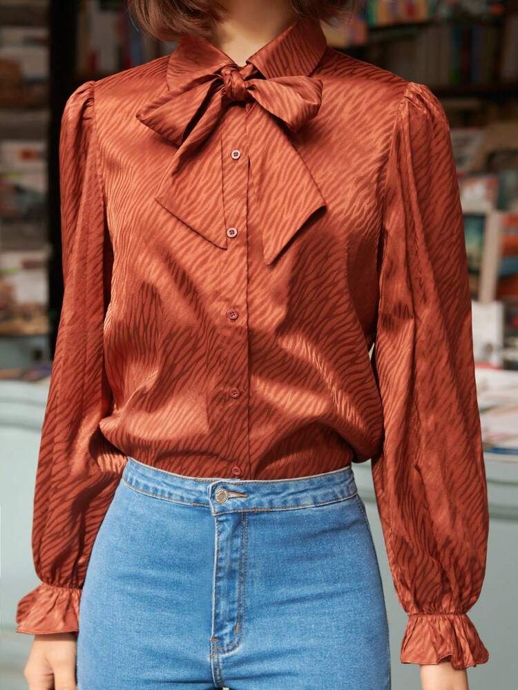 Tie Neck Flounce Sleeve Blouse