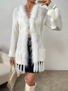 SHEIN Privé Tassel Trim Plush Edge Front Open Cardigan Sweater - Apricot - View 1