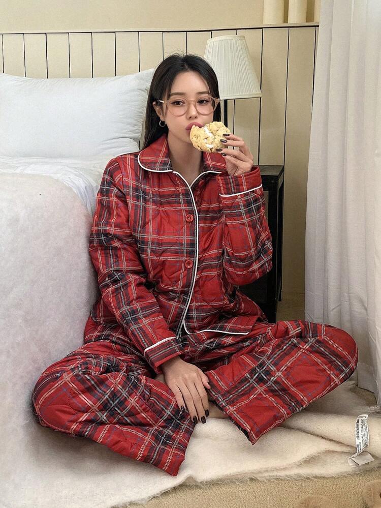 2pcs Thickened Grid Patterned Home Wear Set Fall,Winter Christmas,New Year Pajama