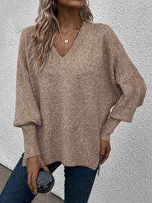 SHEIN LUNE V-Neck Drop Shoulder Sweater With Slit Hem Knit Pullover Fall Winter Sweater - Brown - View 5