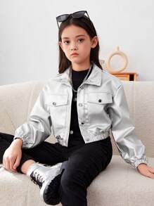 SHEIN Leap Crew Tween 女童纯色休闲长袖短款 PU 皮夹克 - 銀色 - 查看 1