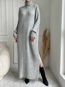 SHEIN Vestido De Suéter De Punto Acanalado Con Cuello Alto Y Hombros Caídos (cinturón No Incluido)