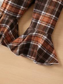 女嬰荷葉邊連身背心&格紋喇叭褲＆ 頭巾