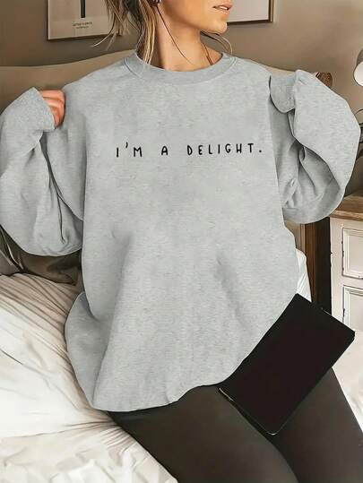 INAWLY Plus Size Loose Fit Letter Round Design Drop Shoulder Sweatshirt I'M A DELIGHT, For Winter Graduation,Back To School,Graduation,Teacher For Women,Back To School Pullover Fall Autumn