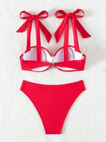 SHEIN Swim Conjunto De Bikini Rojo Con Detalles De Lazo En Las Correas - Rojo - Ver 3