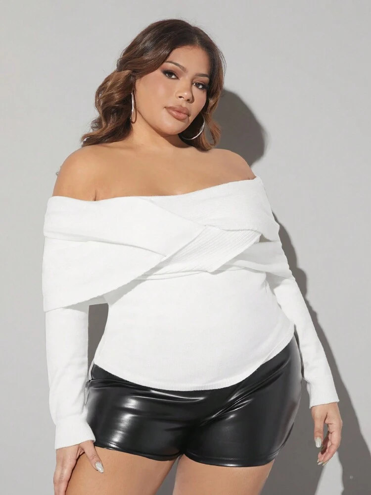 Plus Size Off Shoulder Twist Knit Sweater