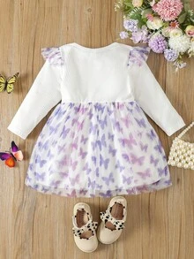 Baby Girl Butterfly Print Ruffle Trim Mesh Hem Dress - White - View 2