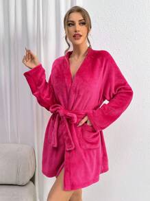 Quý cô Màu thuần Áo choàng thắt lưng - Màu Hồng Tươi - Xem 6