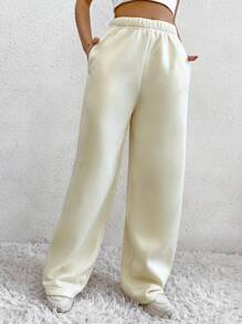 SHEIN Unity Pantalones Anchos Largos Con Piernas Anchas En Color Liso Para Cuerpo - Beis - Ver 6