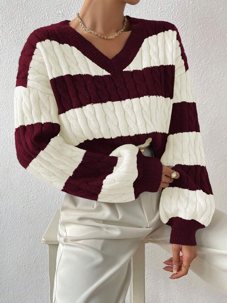 Two Tone Cable Knit Drop Shoulder Sweater,Long Sleeve Tops Knit Pullover Fall Winter Sweater