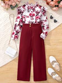 SHEIN Tween Girl 2pcs/Set Elegant Shirt And Pants Outfit , Suitable For Urban Commute - Burgundy - View 1