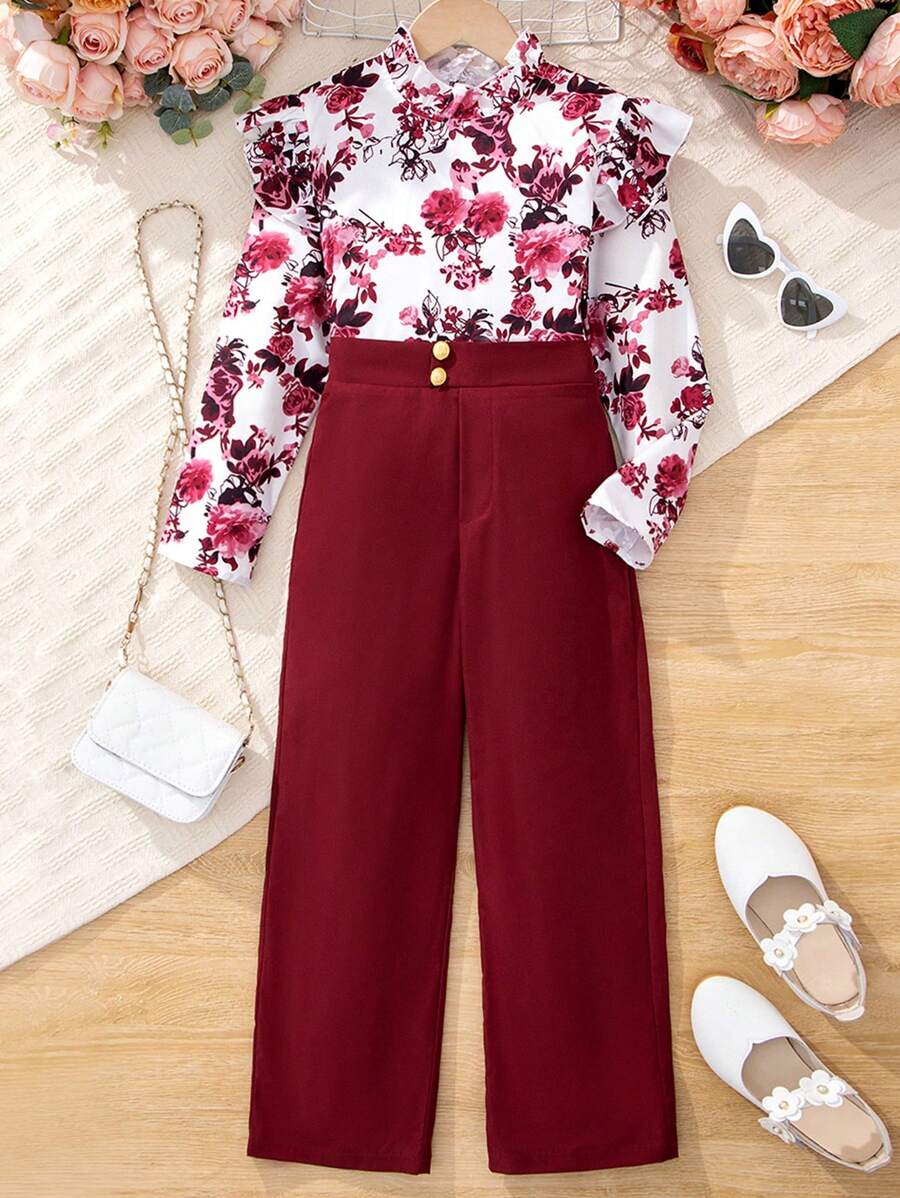 SHEIN Tween Girl 2pcs/Set Elegant Shirt And Pants Outfit , Suitable For Urban Commute - Burgundy - View 1