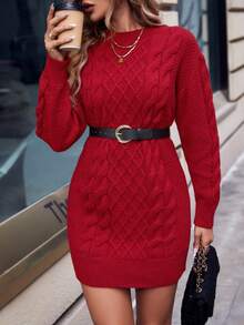 SHEIN Essnce 麻花紋女性寬鬆連身裙 - 酒紅色 - 查看 5