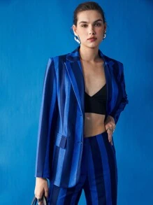 BizChic 條紋圖案前紐扣西裝外套 - 藍色 - 查看 5