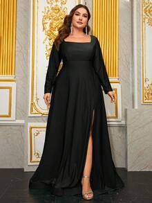 YISIKADO Plus Size Women Square Neck High Slit Maxi Evening Gown Dress - Black - View 6
