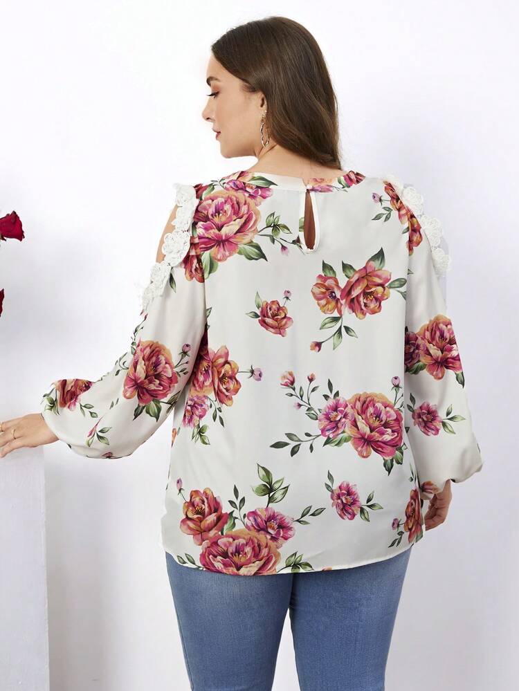 Plus Size Cold Shoulder Collar & Lantern Sleeve Shirt With Applique Embellishments