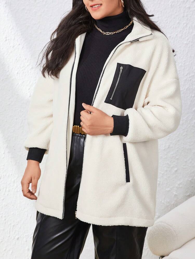 Plus Contrast Panel Drop Shoulder Teddy Coat
