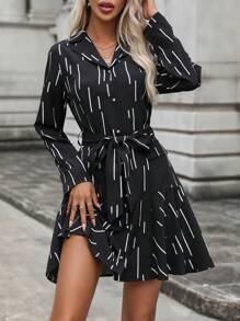 SHEIN LUNE Printed Turn-down Collar Buttoned Belted Dress - Black - View 1