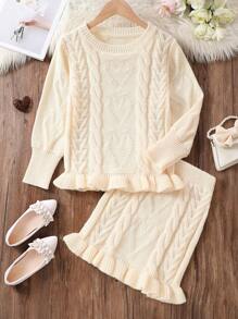 SHEIN Tween Girl Cable Knit Ruffle Hem Sweater & Skirt - Apricot - View 1