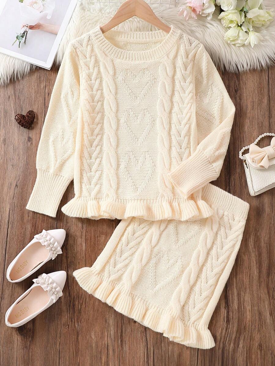SHEIN Tween Girl Cable Knit Ruffle Hem Sweater & Skirt - Apricot - View 1