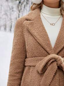 SHEIN 孕妇泰迪羊毛单排扣大衣，冬季 - 棕色 - 查看 9