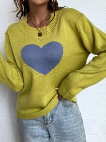 SHEIN Essnce 愛心圖案落肩袖套頭毛衣 - 綠色 - 查看 3