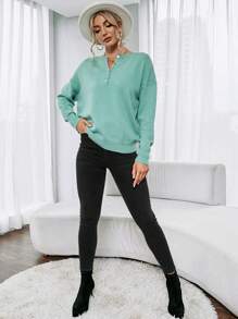 SHEIN LUNE Màu thuần Mặt trước Nút Thả vai Áo len - màu xanh lá - Xem 3