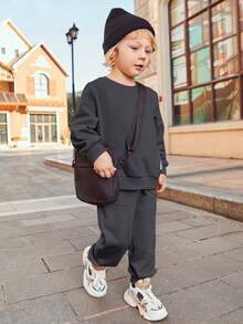 SHEIN Young Boy Solid Sweatshirt & Sweatpants - Grey - View 4