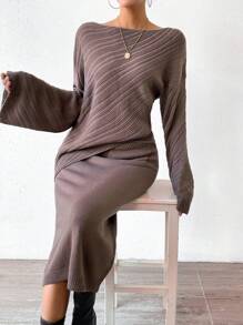 SHEIN Clasi 船領落肩袖毛衣和針織裙 - 巧克力棕 - 查看 6