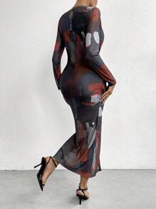 SHEIN Privé 圖案印花高衩洋裝 - 彩色 - 查看 2