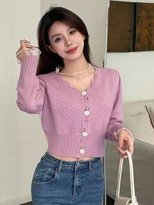 Dazy Star Ống tay áo Lưới Áo nịt đan Áo len - Hồng - Xem 4