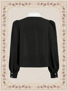 Vintamour Contrast Lace Tie Front Shirt - Black and White - View 7