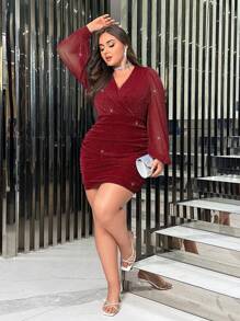 SHEIN Privé Plus sukienka typu bodycon z dekoltem typu serplice i rękawami typu lantern, marszczona, z brokatem, na Święto Dziękczynienia